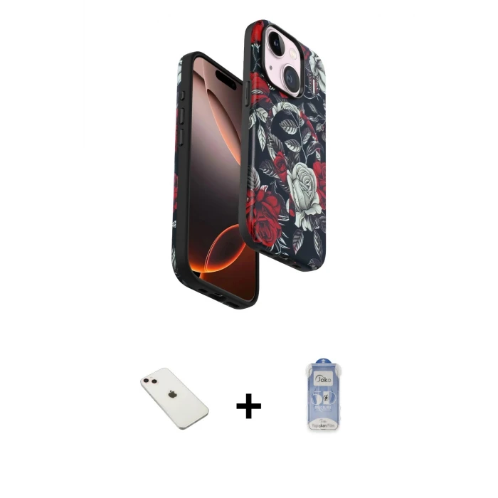 ieg™ iPhone 14 Kılıf Siluet Doku - Siyah Joko Magic 5D Cam + Pembe Diamond Kamera Lens