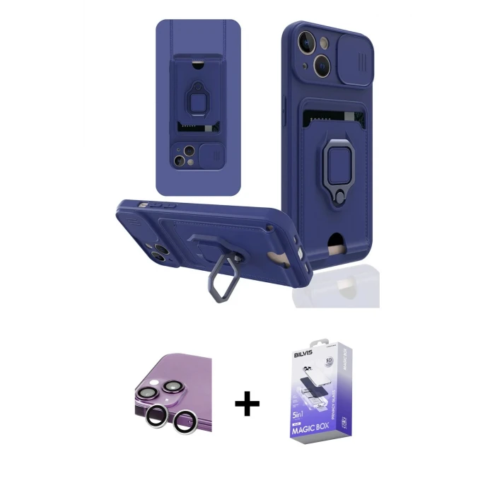 ieg™ iPhone 14 Kılıf Vadi Form Prime - Siyah Bilvis 5in1 5D Magic Hayalet Cam Ekran Koruyucu + Gümüş Raze Metal Kamera Lens