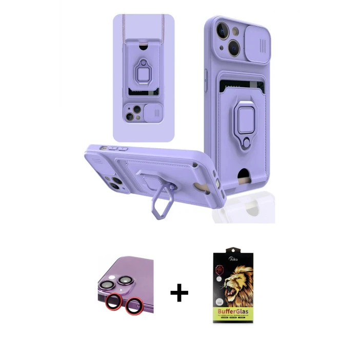 ieg™ iPhone 14 Kılıf Vadi Form Prime - Siyah Buffer Cam Ekran Koruyucu + Raze Metal Kamera Lens - KI