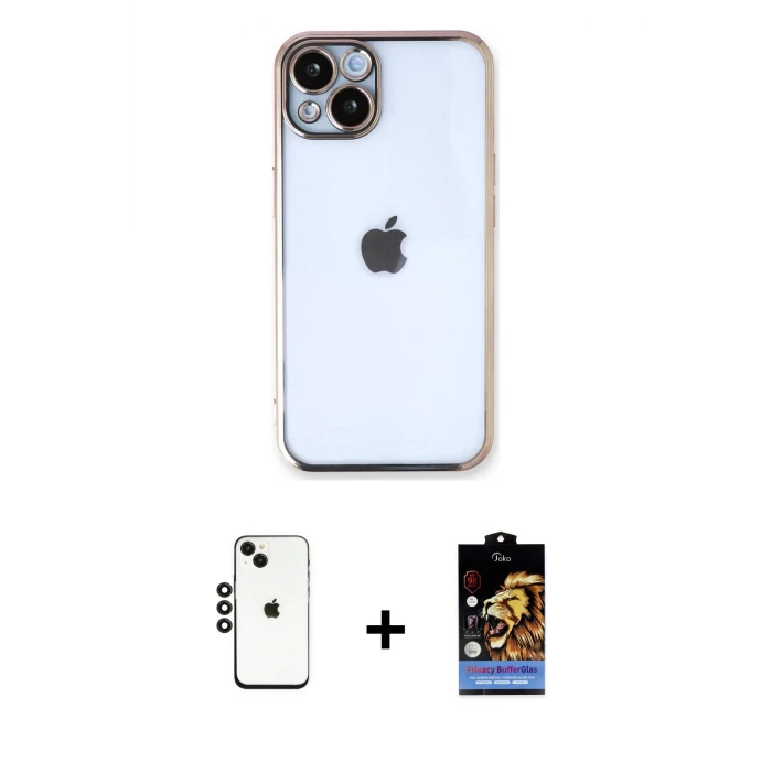 ieg™ iPhone 14 Kılıf Vadi Minimal - Siyah Buffer Hayalet Cam Ekran Koruyucu + Siyah Shine Kamera Lens