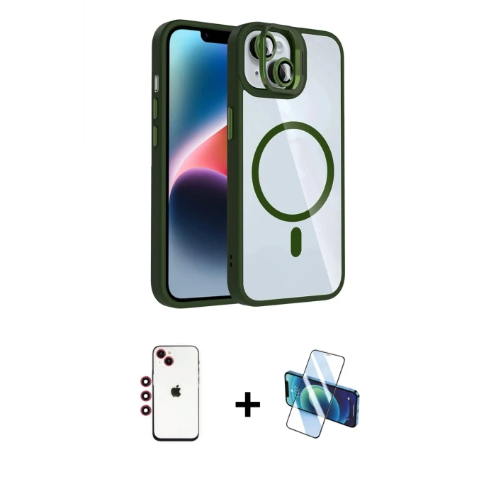 ieg™ iPhone 14 Kılıf Yadigar Asil Koleksiyonu - Siyah 3D Antistatik Cam Ekran Koruyucu + Shine Kamera Lens - KI