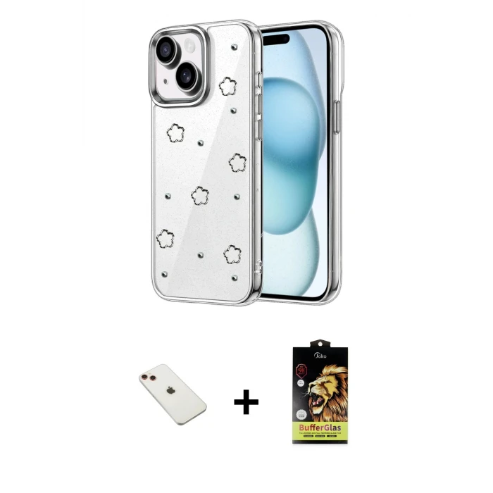 ieg™ iPhone 14 Kılıf Yörünge Form - Siyah Buffer Cam Ekran Koruyucu + Diamond Kamera Lens - KI
