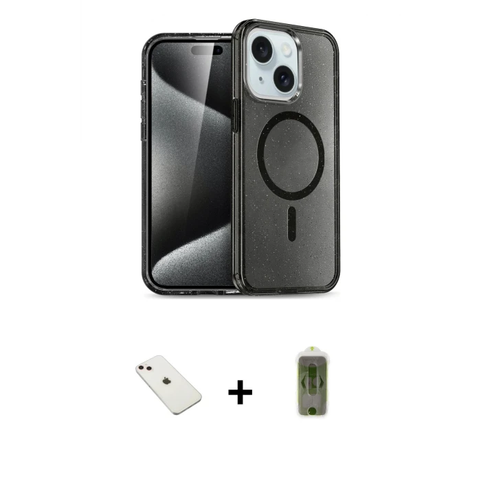 ieg™ iPhone 14 Nova Asil Prime - Siyah Joko Magic 5D Hayalet Cam + Pembe Diamond Kamera Lens