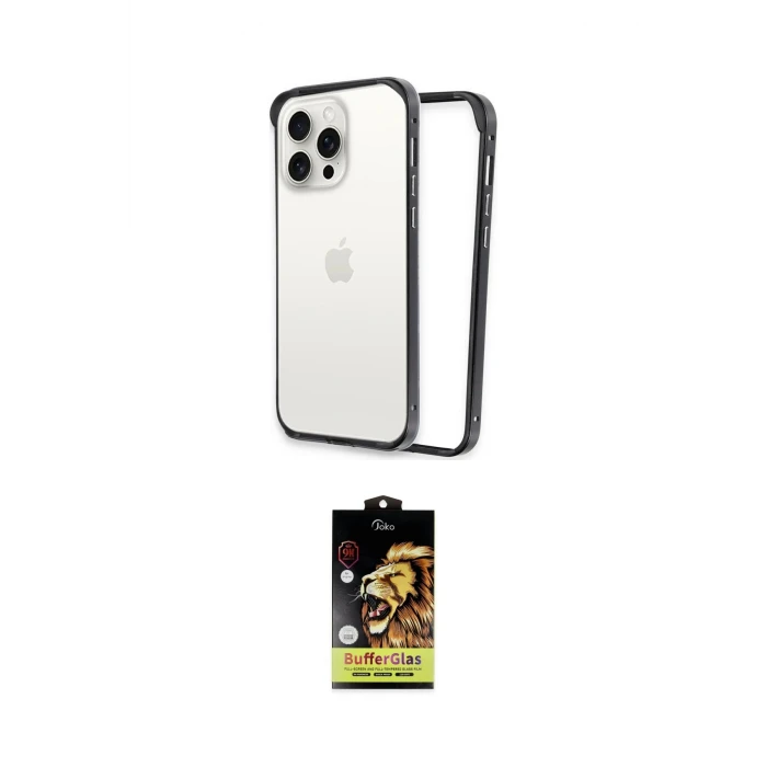 ieg™ iPhone 14 Pro Kılıf Pusula Asil Koleksiyonu - Siyah Buffer Cam Ekran Koruyucu