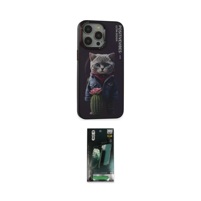 ieg™ iPhone 14 Pro Kılıf Siluet Modern Özel Seri - Siyah 360 Mat Full Body Arka Koruyucu