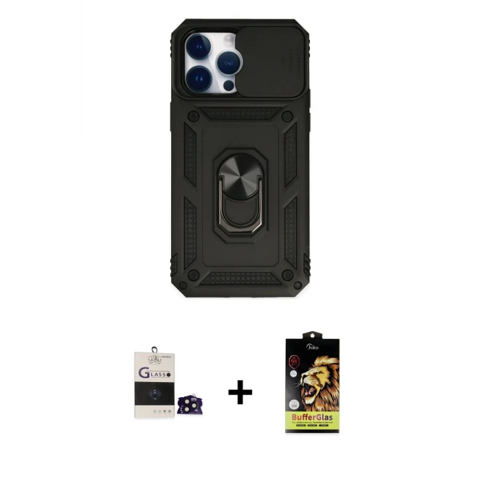 ieg™ iPhone 14 Pro Max Ahenk Klasik - Siyah Buffer Cam Ekran Koruyucu + Siyah Bilvis Titan Kamera Lens