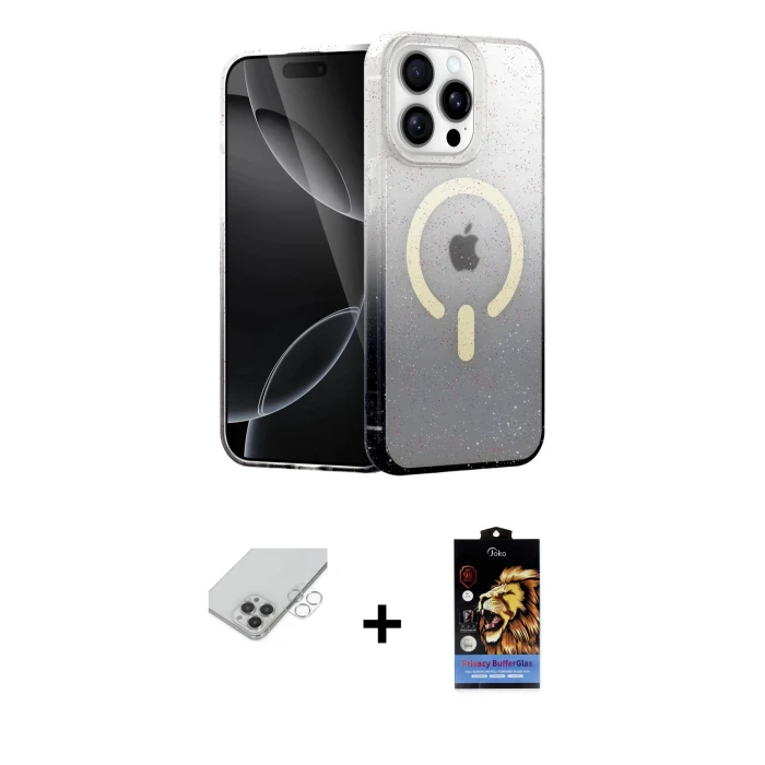 ieg™ iPhone 14 Pro Max Eksen Minimal Özel Seri - Siyah Buffer Hayalet Cam Ekran Koruyucu + Gümüş Band Metal Kamera Lens