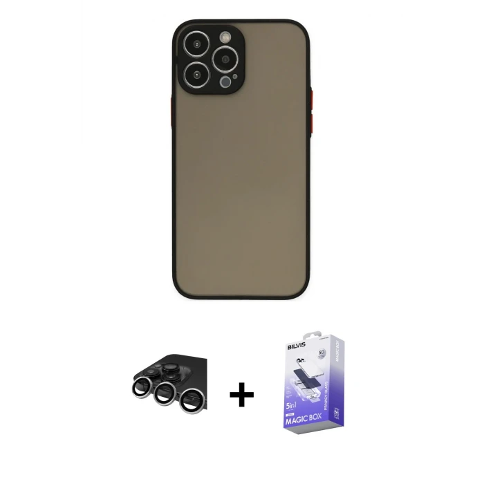 ieg™ iPhone 14 Pro Max Kılıf Ahenk Çizgi Serisi - Siyah Bilvis 5in1 5D Magic Hayalet Cam Ekran Koruyucu + Raze Metal Kamera Lens - GS