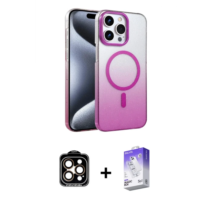 ieg™ iPhone 14 Pro Max Kılıf Ahenk Doku Özel Seri - Siyah Bilvis 5in1 3D Magic Cam Ekran Koruyucu + PVD Metal Kamera Lens - TU
