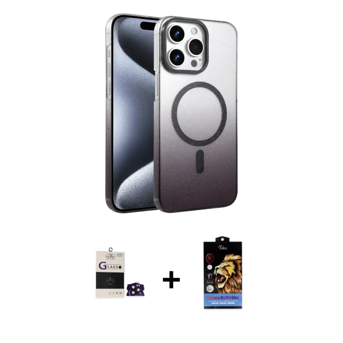ieg™ iPhone 14 Pro Max Kılıf Ahenk Doku Özel Seri - Siyah Buffer Hayalet Cam Ekran Koruyucu + Derin Mor Bilvis Titan Kamera Lens