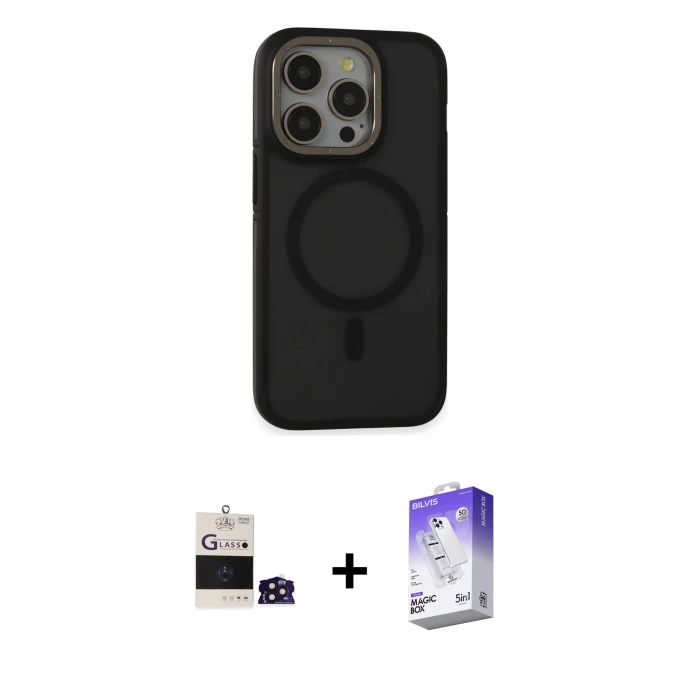 ieg™ iPhone 14 Pro Max Kılıf Ahenk Form Serisi - Siyah Bilvis 5in1 3D Magic Cam Ekran Koruyucu + Derin Mor Bilvis Titan Kamera Lens