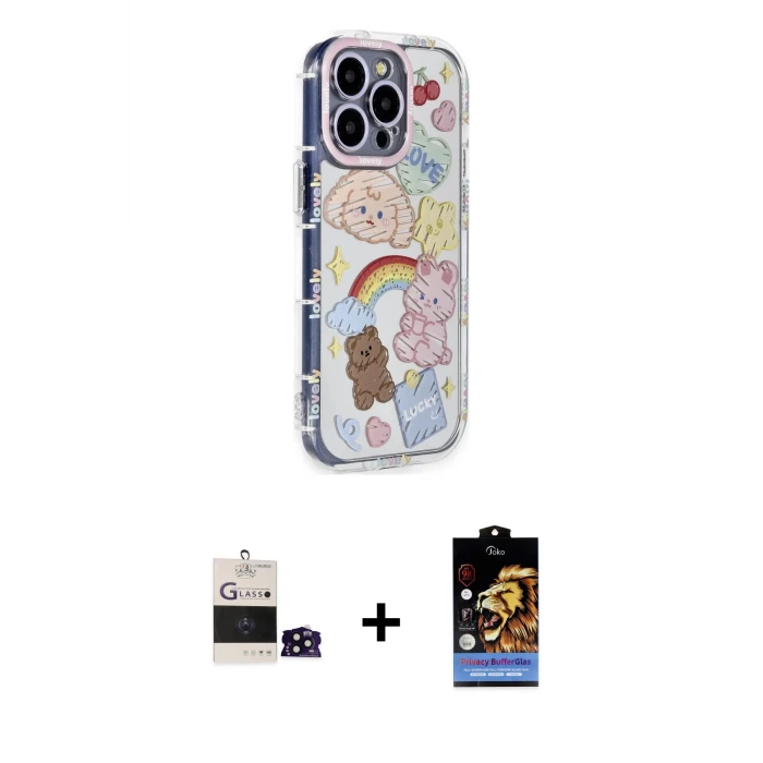 ieg™ iPhone 14 Pro Max Kılıf Ahenk Modern Serisi - Siyah Buffer Hayalet Cam Ekran Koruyucu + Siyah Bilvis Titan Kamera Lens
