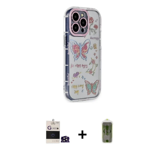 ieg™ iPhone 14 Pro Max Kılıf Ahenk Modern Serisi - Siyah Joko Magic 5D Hayalet Cam + Derin Mor Bilvis Titan Kamera Lens