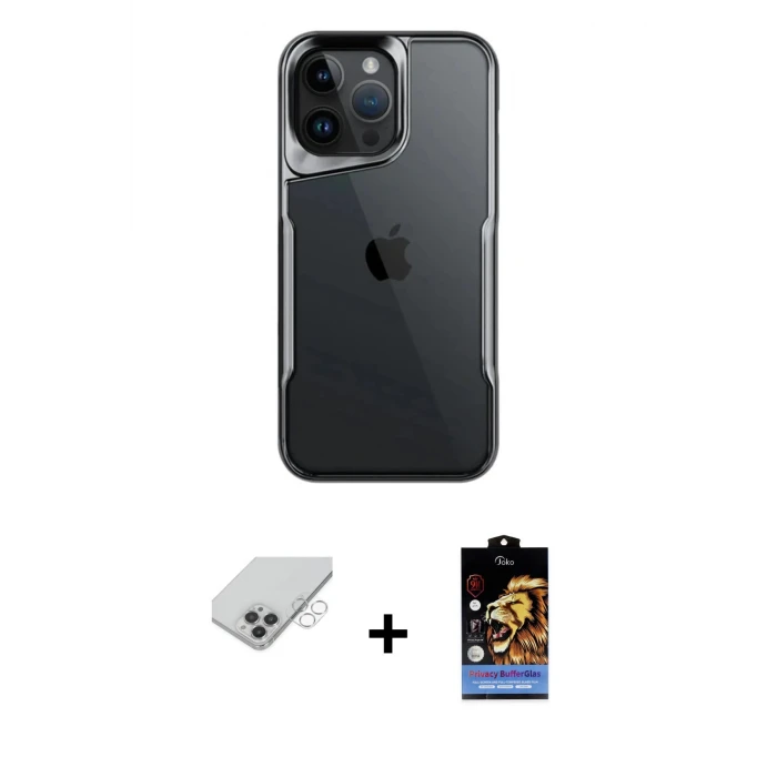 ieg™ iPhone 14 Pro Max Kılıf Akış Çizgi Koleksiyonu - Siyah Buffer Hayalet Cam Ekran Koruyucu + Band Metal Kamera Lens - GS