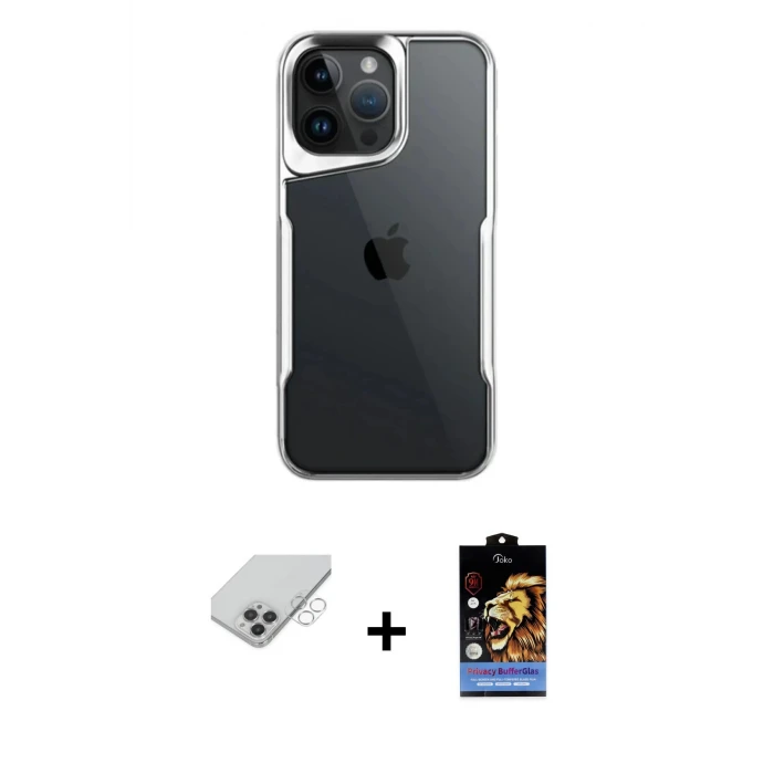 ieg™ iPhone 14 Pro Max Kılıf Akış Çizgi Koleksiyonu - Siyah Buffer Hayalet Cam Ekran Koruyucu + Band Metal Kamera Lens - GS