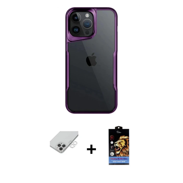 ieg™ iPhone 14 Pro Max Kılıf Akış Çizgi Koleksiyonu - Siyah Buffer Hayalet Cam Ekran Koruyucu + Band Metal Kamera Lens - GS