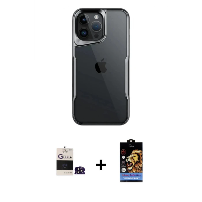 ieg™ iPhone 14 Pro Max Kılıf Akış Çizgi Koleksiyonu - Siyah Buffer Hayalet Cam Ekran Koruyucu + Derin Mor Bilvis Titan Kamera Lens