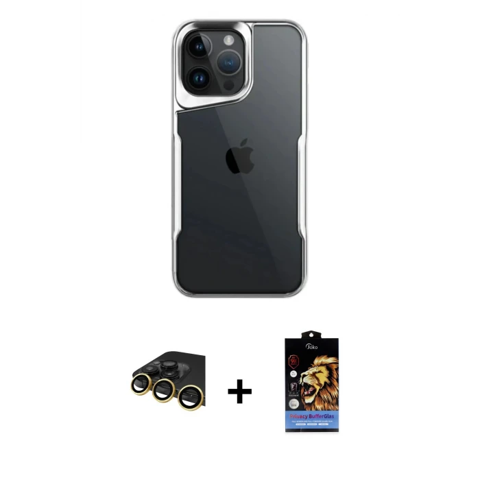 ieg™ iPhone 14 Pro Max Kılıf Akış Çizgi Koleksiyonu - Siyah Buffer Hayalet Cam Ekran Koruyucu + Raze Metal Kamera Lens - GD