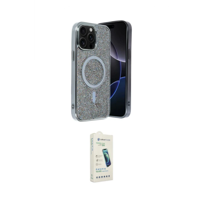 ieg™ iPhone 14 Pro Max Kılıf Eksen Çizgi - Şeffaf Pasifik Cam Ekran Koruyucu
