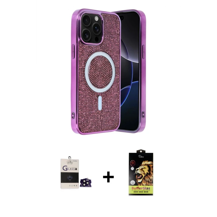 ieg™ iPhone 14 Pro Max Kılıf Eksen Çizgi - Siyah Buffer Cam Ekran Koruyucu + Siyah Bilvis Titan Kamera Lens