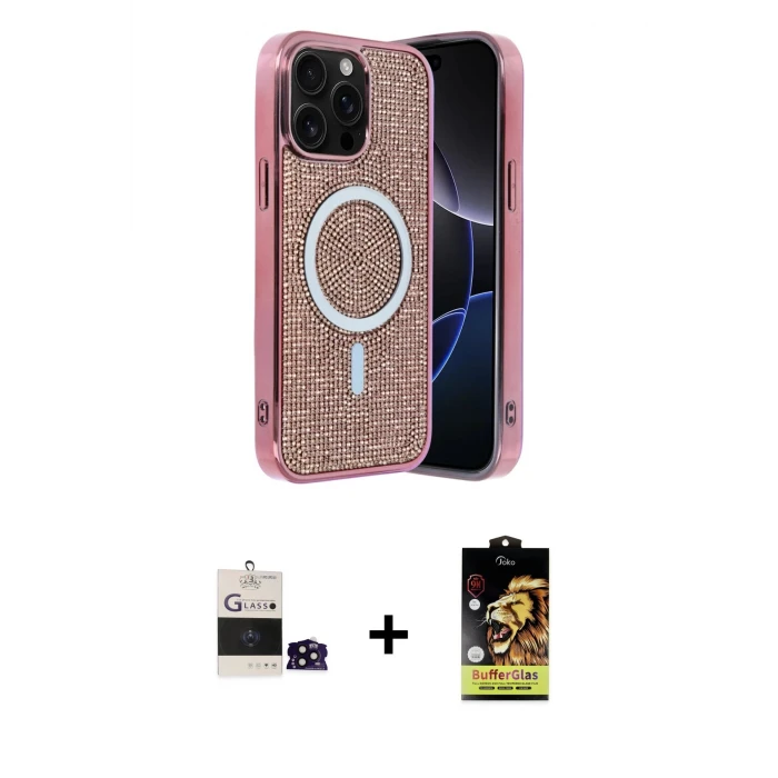 ieg™ iPhone 14 Pro Max Kılıf Eksen Çizgi - Siyah Buffer Cam Ekran Koruyucu + Siyah Bilvis Titan Kamera Lens