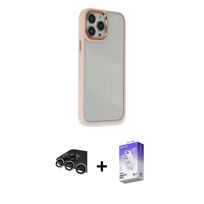 ieg™ iPhone 14 Pro Max Kılıf Eksen Doku Prime - Siyah Bilvis 5in1 3D Magic Cam Ekran Koruyucu + Raze Metal Kamera Lens - GS