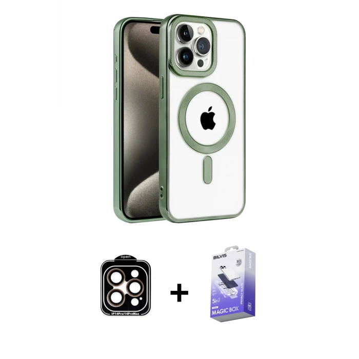 ieg™ iPhone 14 Pro Max Kılıf Eksen Form Koleksiyonu - Siyah Bilvis 5in1 5D Magic Hayalet Cam Ekran Koruyucu + PVD Metal Kamera Lens - TU