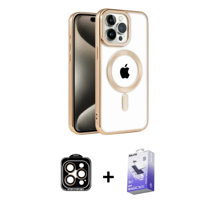 ieg™ iPhone 14 Pro Max Kılıf Eksen Form Koleksiyonu - Siyah Bilvis 5in1 5D Magic Hayalet Cam Ekran Koruyucu + PVD Metal Kamera Lens - TU