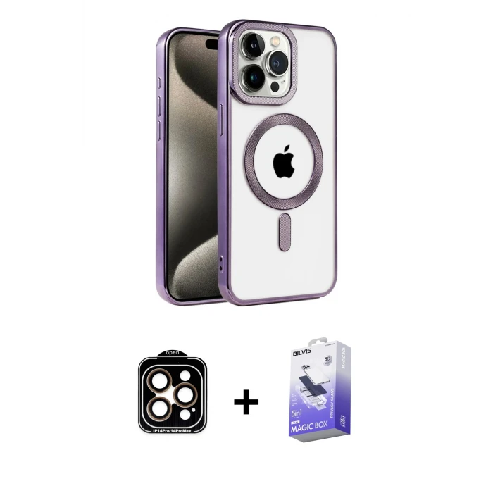 ieg™ iPhone 14 Pro Max Kılıf Eksen Form Koleksiyonu - Siyah Bilvis 5in1 5D Magic Hayalet Cam Ekran Koruyucu + PVD Metal Kamera Lens - TU