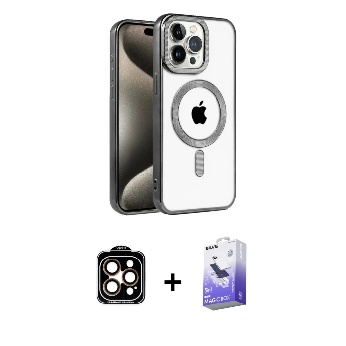 ieg™ iPhone 14 Pro Max Kılıf Eksen Form Koleksiyonu - Siyah Bilvis 5in1 5D Magic Hayalet Cam Ekran Koruyucu + PVD Metal Kamera Lens - TU