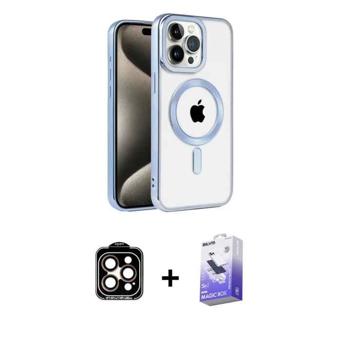 ieg™ iPhone 14 Pro Max Kılıf Eksen Form Koleksiyonu - Siyah Bilvis 5in1 5D Magic Hayalet Cam Ekran Koruyucu + PVD Metal Kamera Lens - TU