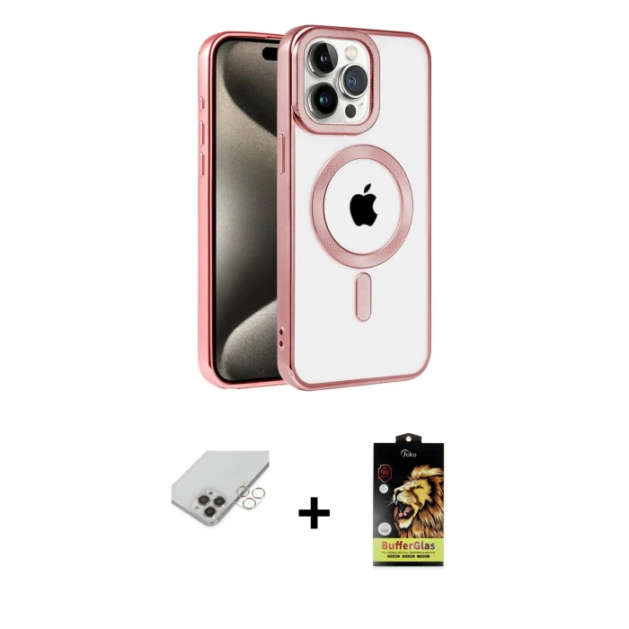 ieg™ iPhone 14 Pro Max Kılıf Eksen Form Koleksiyonu - Siyah Buffer Cam Ekran Koruyucu + Band Metal Kamera Lens - GD