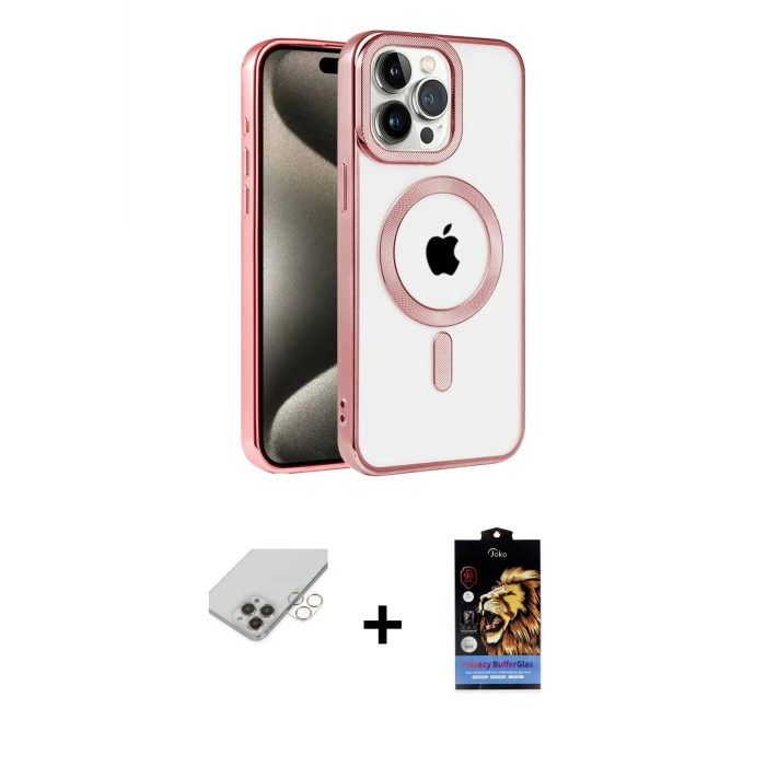 ieg™ iPhone 14 Pro Max Kılıf Eksen Form Koleksiyonu - Siyah Buffer Hayalet Cam Ekran Koruyucu + Band Metal Kamera Lens - GD