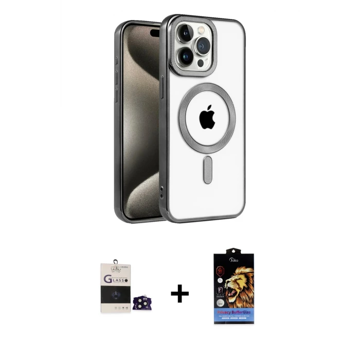 ieg™ iPhone 14 Pro Max Kılıf Eksen Form Koleksiyonu - Siyah Buffer Hayalet Cam Ekran Koruyucu + Bilvis Titan Kamera Lens - SH