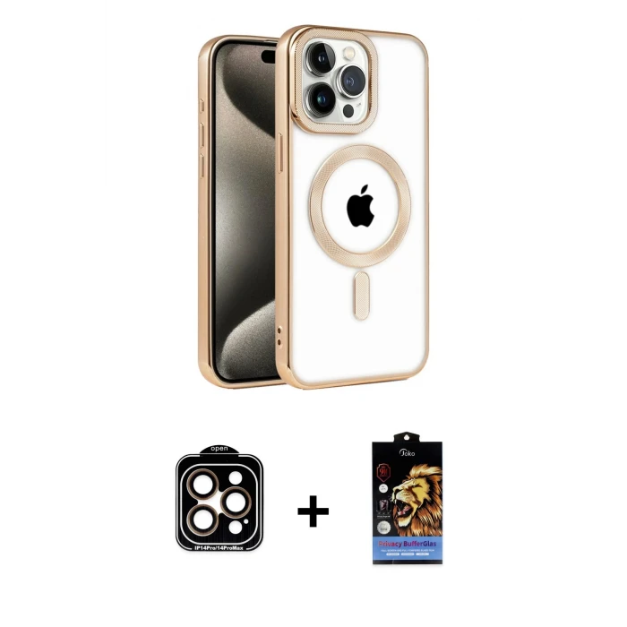 ieg™ iPhone 14 Pro Max Kılıf Eksen Form Koleksiyonu - Siyah Buffer Hayalet Cam Ekran Koruyucu + Turuncu PVD Metal Kamera Lens