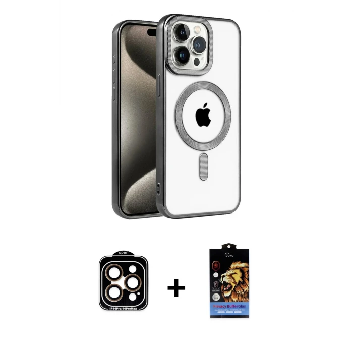 ieg™ iPhone 14 Pro Max Kılıf Eksen Form Koleksiyonu - Siyah Buffer Hayalet Cam Ekran Koruyucu + Turuncu PVD Metal Kamera Lens