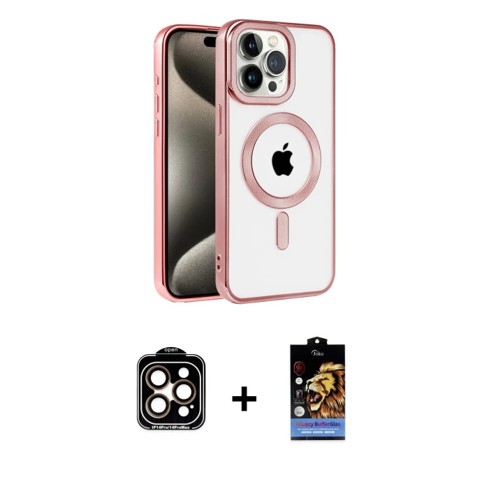 ieg™ iPhone 14 Pro Max Kılıf Eksen Form Koleksiyonu - Siyah Buffer Hayalet Cam Ekran Koruyucu + Turuncu PVD Metal Kamera Lens