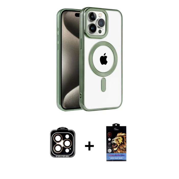 ieg™ iPhone 14 Pro Max Kılıf Eksen Form Koleksiyonu - Siyah Buffer Hayalet Cam Ekran Koruyucu + Turuncu PVD Metal Kamera Lens