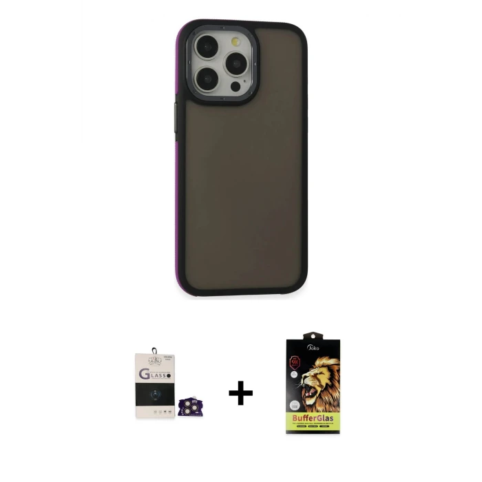 ieg™ iPhone 14 Pro Max Kılıf Eksen Işık - Siyah Buffer Cam Ekran Koruyucu + Bilvis Titan Kamera Lens - GD