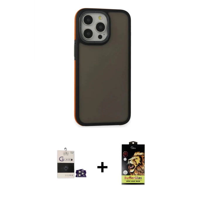 ieg™ iPhone 14 Pro Max Kılıf Eksen Işık - Siyah Buffer Cam Ekran Koruyucu + Gümüş Bilvis Titan Kamera Lens
