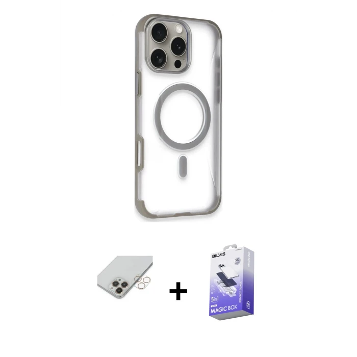 ieg™ iPhone 14 Pro Max Kılıf Eksen Klasik Koleksiyonu - Siyah Bilvis 5in1 5D Magic Hayalet Cam Ekran Koruyucu + Gold Band Metal Kamera Lens