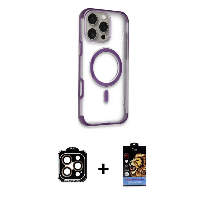 ieg™ iPhone 14 Pro Max Kılıf Eksen Klasik Koleksiyonu - Siyah Buffer Hayalet Cam Ekran Koruyucu + Turuncu PVD Metal Kamera Lens