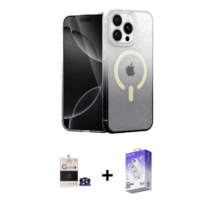 ieg™ iPhone 14 Pro Max Kılıf Eksen Minimal Özel Seri - Siyah Bilvis 5in1 3D Magic Cam Ekran Koruyucu + Bilvis Titan Kamera Lens - GS