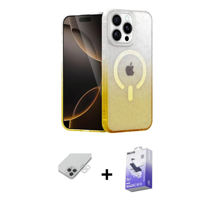 ieg™ iPhone 14 Pro Max Kılıf Eksen Minimal Özel Seri - Siyah Bilvis 5in1 5D Magic Hayalet Cam Ekran Koruyucu + Band Metal Kamera Lens - GS