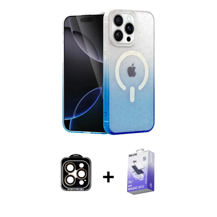 ieg™ iPhone 14 Pro Max Kılıf Eksen Minimal Özel Seri - Siyah Bilvis 5in1 5D Magic Hayalet Cam Ekran Koruyucu + PVD Metal Kamera Lens - TU