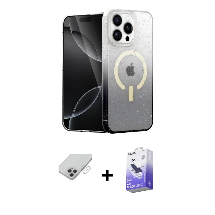 ieg™ iPhone 14 Pro Max Kılıf Eksen Minimal Özel Seri - Siyah Bilvis 5in1 5D Magic Hayalet Cam Ekran Koruyucu + Band Metal Kamera Lens - GS
