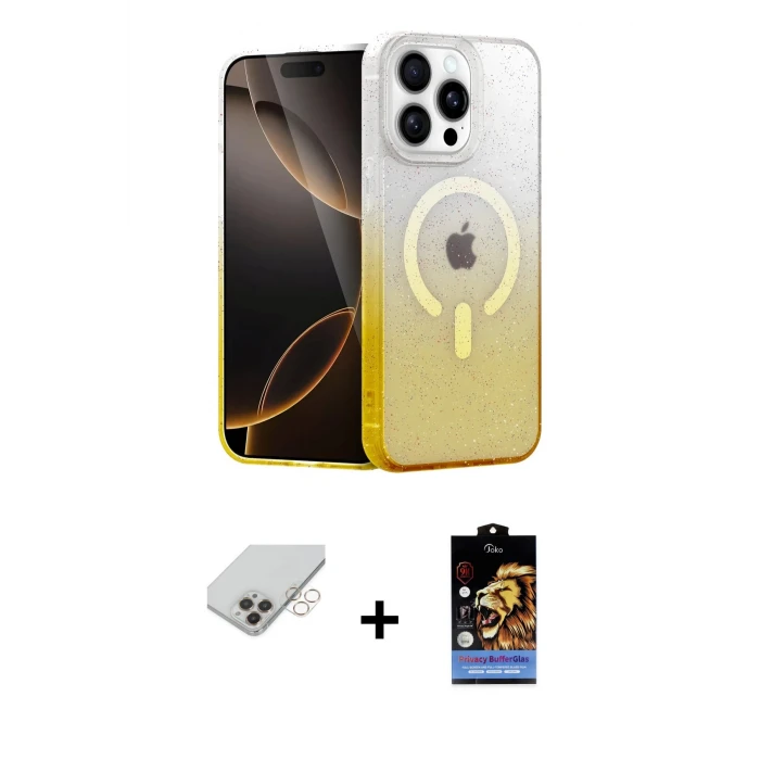 ieg™ iPhone 14 Pro Max Kılıf Eksen Minimal Özel Seri - Siyah Buffer Hayalet Cam Ekran Koruyucu + Band Metal Kamera Lens - GD