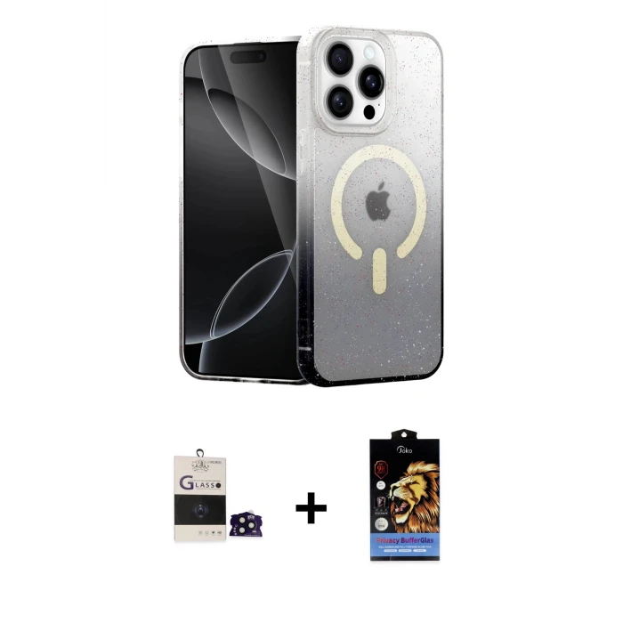 ieg™ iPhone 14 Pro Max Kılıf Eksen Minimal Özel Seri - Siyah Buffer Hayalet Cam Ekran Koruyucu + Bilvis Titan Kamera Lens - SH