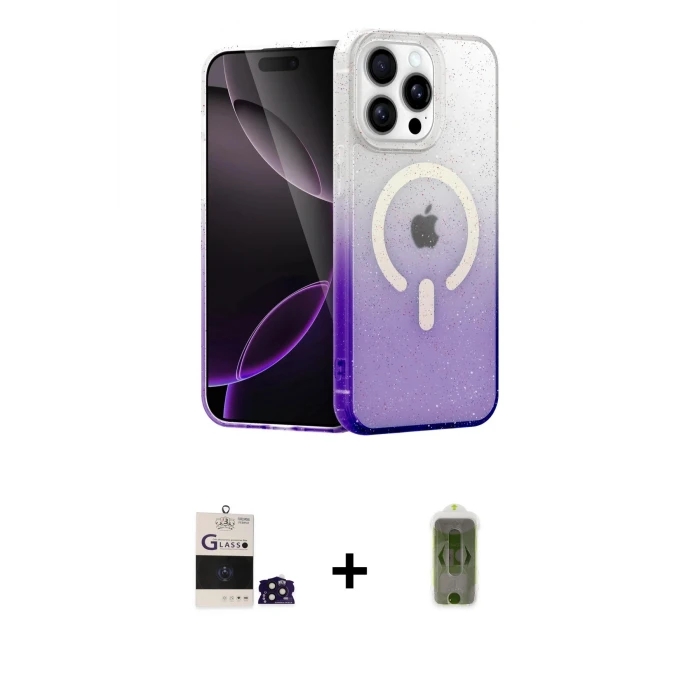 ieg™ iPhone 14 Pro Max Kılıf Eksen Minimal Özel Seri - Siyah Joko Magic 5D Hayalet Cam + Derin Mor Bilvis Titan Kamera Lens