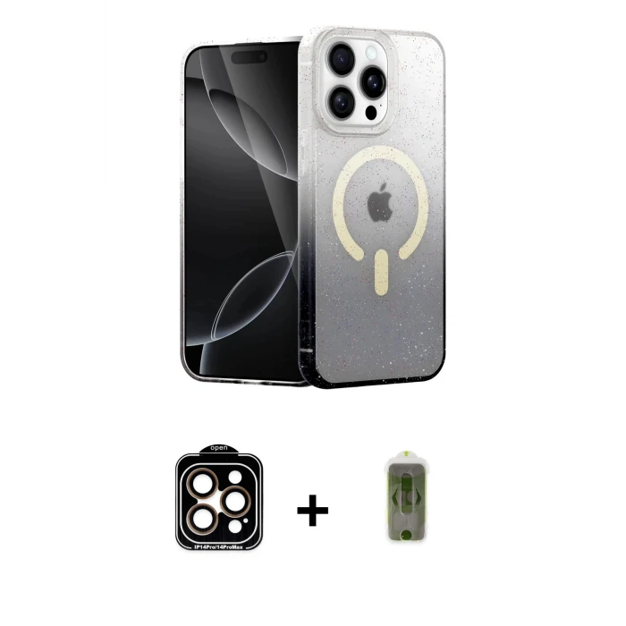 ieg™ iPhone 14 Pro Max Kılıf Eksen Minimal Özel Seri - Siyah Joko Magic 5D Hayalet Cam + Turuncu PVD Metal Kamera Lens